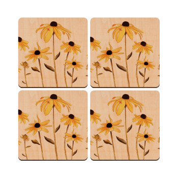 Daisies flower, ΣΕΤ x4 Σουβέρ ξύλινα τετράγωνα plywood (9cm)