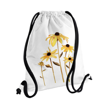 Daisies flower, Τσάντα πλάτης πουγκί GYMBAG λευκή, με τσέπη (40x48cm) & χονδρά κορδόνια