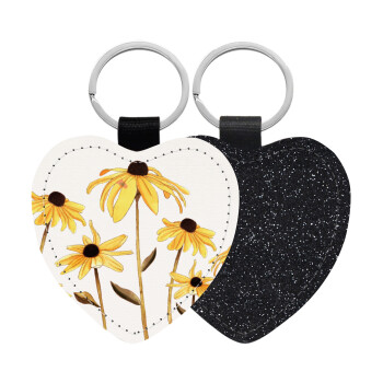 Daisies flower, Μπρελόκ PU δερμάτινο glitter καρδιά ΜΑΥΡΟ