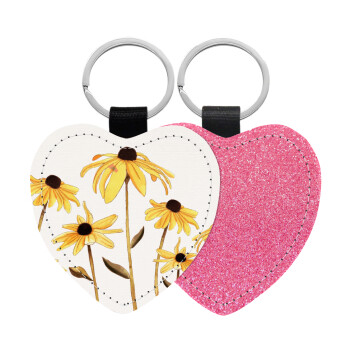 Daisies flower, Μπρελόκ PU δερμάτινο glitter καρδιά ΡΟΖ