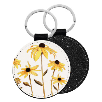 Daisies flower, Μπρελόκ Δερματίνη, στρογγυλό ΜΑΥΡΟ (5cm)