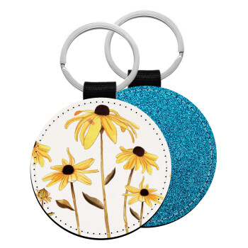 Daisies flower, Μπρελόκ Δερματίνη, στρογγυλό ΜΠΛΕ (5cm)