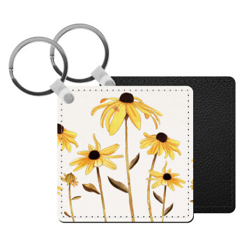 Daisies flower, Μπρελόκ Δερματίνη, τετράγωνο ΜΑΥΡΟ (5x5cm)