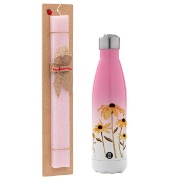 Daisies flower, Easter Set, Metallic pink/white (Stainless steel) thermos, double-walled, 500ml & aromatic flat Easter candle (30cm) (PINK)