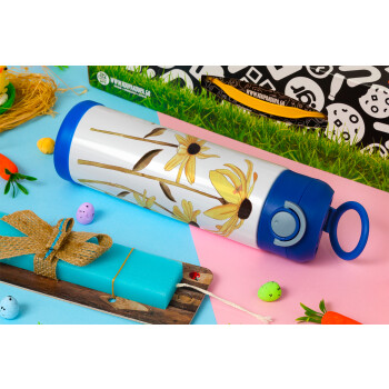 Daisies flower, Easter candle, Childrens hot water bottle, stainless steel, with safety straw, BLUE (500ml)