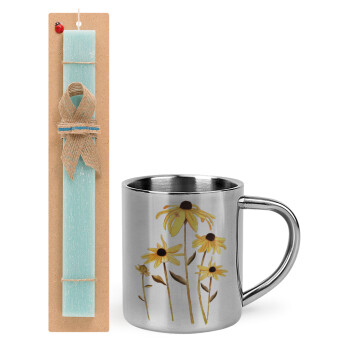 Daisies flower, Easter Set, metallic thermal cup (300ml) & aromatic flat Easter candle (30cm) (TURQUOISE)