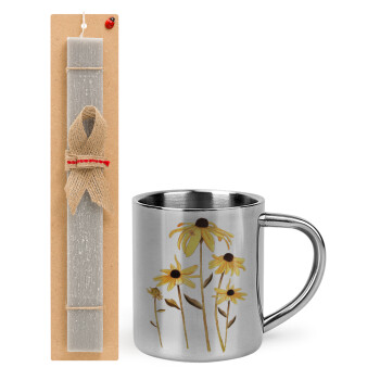 Daisies flower, Easter Set, metallic thermal cup (300ml) & Easter aromatic flat candle (30cm) (GRAY)