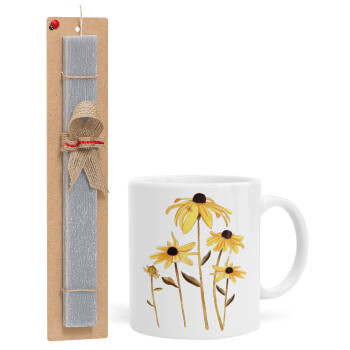 Daisies flower, Easter Set, Ceramic Cup (330ml) & Easter aromatic flat candle (30cm) (GRAY)