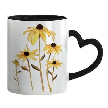 Daisies flower, Κούπα καρδιά χερούλι μαύρη, κεραμική, 330ml