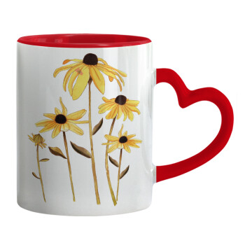 Daisies flower, Κούπα καρδιά χερούλι κόκκινη, κεραμική, 330ml