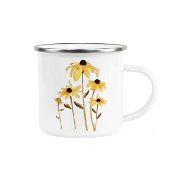 Daisies flower, Metallic enamel cup white 360ml