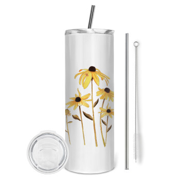 Daisies flower, Eco friendly stainless steel tumbler 600ml, with metal straw & cleaning brush