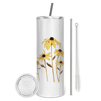 Daisies flower, Tumbler stainless steel 600ml, with metal straw & cleaning brush