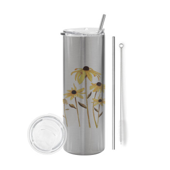 Daisies flower, Eco friendly stainless steel Silver tumbler 600ml, with metal straw & cleaning brush