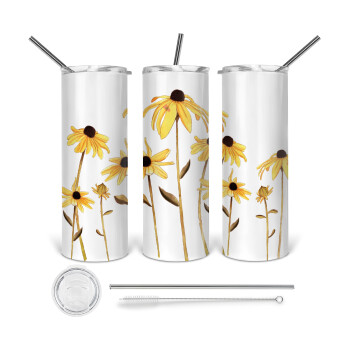Daisies flower, Tumbler ποτήρι θερμό από ανοξείδωτο ατσάλι 600ml, με μεταλλικό καλαμάκι & βούρτσα καθαρισμού