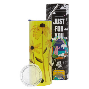 Daisies flower, Neon Yellow Travel Tumbler θερμό, μεταλλικό καλαμάκι(Ανωξείδωτο 304 Food grade, BPA free, 600ml)