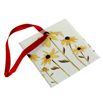 Daisies flower, Χριστουγεννιάτικο στολίδι γυάλινο τετράγωνο 9x9cm