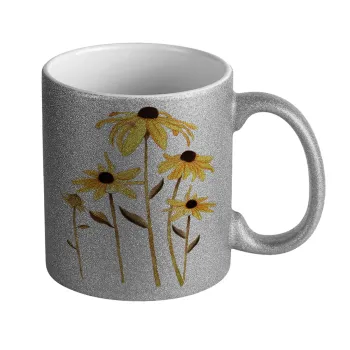 Daisies flower, Κούπα Ασημένια Glitter που γυαλίζει, κεραμική, 330ml