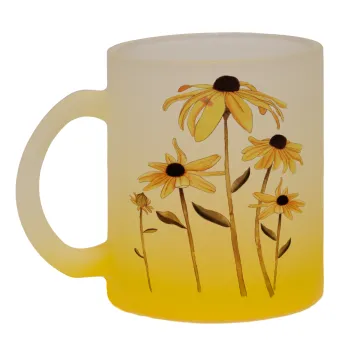 Daisies flower, Κούπα γυάλινη δίχρωμη με βάση το κίτρινο ματ, 330ml