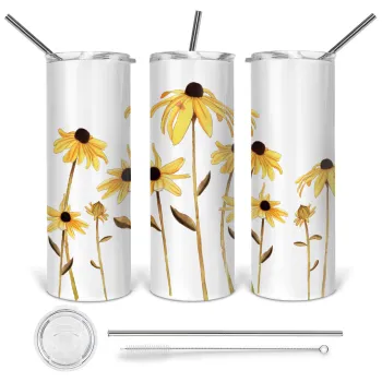 Daisies flower, Tumbler stainless steel 600ml, with metal straw & cleaning brush