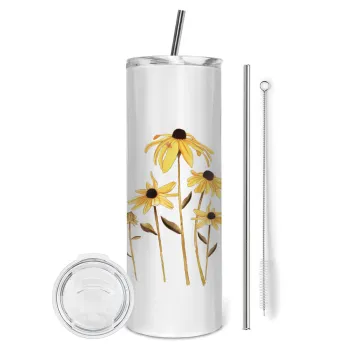Daisies flower, Tumbler ποτήρι θερμό από ανοξείδωτο ατσάλι 600ml, με μεταλλικό καλαμάκι & βούρτσα καθαρισμού