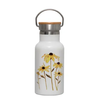 Daisies flower, Μεταλλικό παγούρι θερμός (Stainless steel) Λευκό με ξύλινο καπακι (bamboo), διπλού τοιχώματος, 350ml