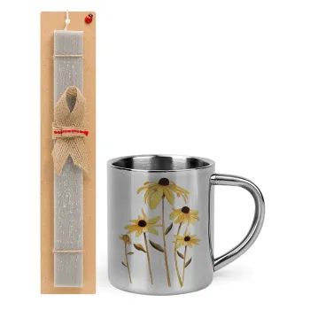 Daisies flower, Easter Set, metallic thermal cup (300ml) & Easter aromatic flat candle (30cm) (GRAY)