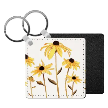 Daisies flower, Μπρελόκ Δερματίνη, τετράγωνο ΜΑΥΡΟ (5x5cm)