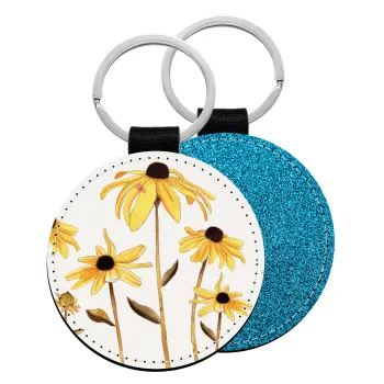 Daisies flower, Μπρελόκ Δερματίνη, στρογγυλό ΜΠΛΕ (5cm)