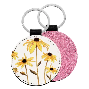 Daisies flower, Μπρελόκ Δερματίνη, στρογγυλό ΡΟΖ (5cm)