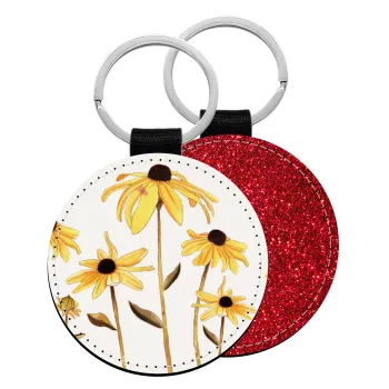 Daisies flower, Μπρελόκ Δερματίνη, στρογγυλό ΚΟΚΚΙΝΟ (5cm)