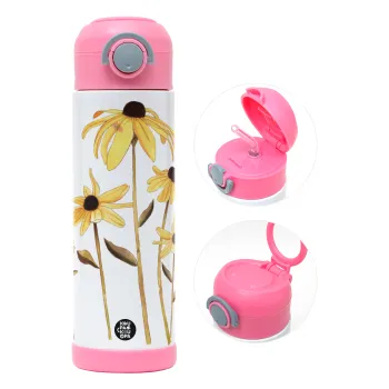 Daisies flower, Παιδικό παγούρι θερμό, ανοξείδωτο, με καλαμάκι ασφαλείας, ΡΟΖ (500ml)