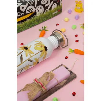 Daisies flower, Πασχαλινή Λαμπάδα με παγούρι μεταλλικό (620ml, stainless steel) & κερί αρωματικό πλακέ (30cm) (ΡΟΖ)