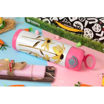 Daisies flower, Easter candle, Childrens hot water bottle, stainless steel, with safety straw, PINK (500ml)