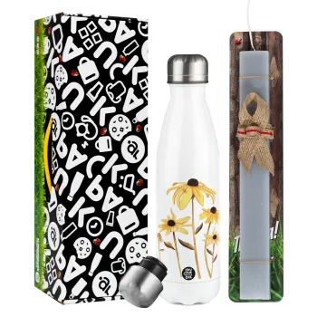 Daisies flower, Easter candle, metallic white thermos bottle (500ml) & aromatic flat candle (30cm) (GRAY)