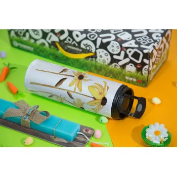 Daisies flower, Πασχαλινή Λαμπάδα με Travel Tumbler θερμό με διπλό καπάκι (600ml, BPA free) & κερί αρωματικό πλακέ (30cm) (ΤΙΡΚΟΥΑΖ)