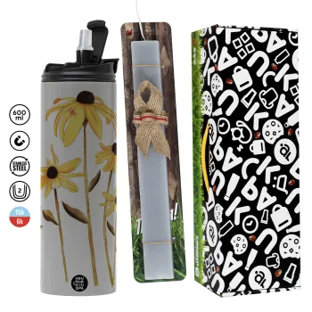 Daisies flower, Πασχαλινή Λαμπάδα με Travel Tumbler θερμό (600ml, BPA free) & κερί αρωματικό πλακέ (30cm) (ΓΚΡΙ)