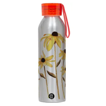 Daisies flower, Αλουμινένιο Αθλητικό Μπουκάλι 650ml – Ασημί με Κόκκινο Καπάκι και Λουράκι Σιλικόνης