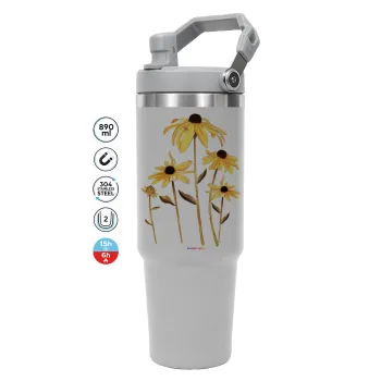 Daisies flower, ΓΚΡΙ Travel Tumbler Θερμός με χερούλι και καλαμάκι 890ml