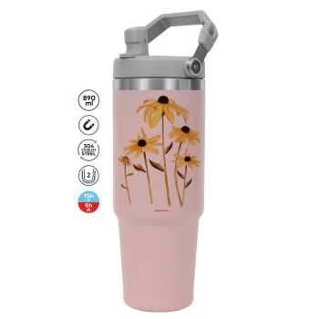 Daisies flower, ΡΟΖ Travel Tumbler Θερμός με χερούλι και καλαμάκι 890ml