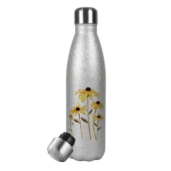 Daisies flower, Μεταλλικό παγούρι θερμός Glitter Aσημένιο (Stainless steel), διπλού τοιχώματος, 500ml