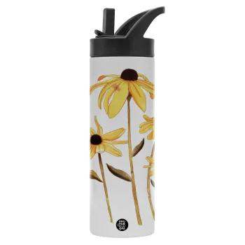 Daisies flower, Μεταλλικό παγούρι θερμός με καλαμάκι & χειρολαβή, ανοξείδωτο ατσάλι (Stainless steel 304), διπλού τοιχώματος, 600ml