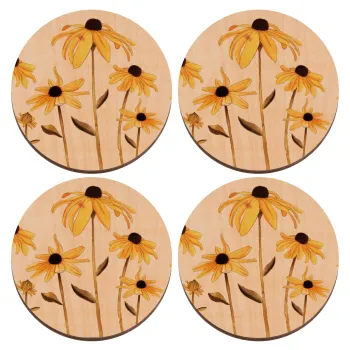 Daisies flower, ΣΕΤ x4 Σουβέρ ξύλινα στρογγυλά plywood (9cm)