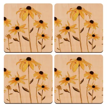 Daisies flower, ΣΕΤ x4 Σουβέρ ξύλινα τετράγωνα plywood (9cm)