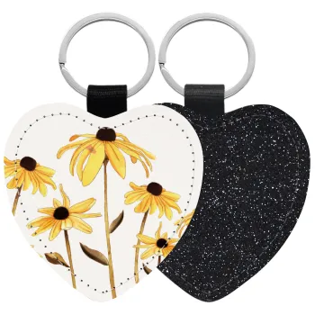 Daisies flower, Μπρελόκ PU δερμάτινο glitter καρδιά ΜΑΥΡΟ