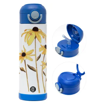 Daisies flower, Παιδικό παγούρι θερμό, ανοξείδωτο, με καλαμάκι ασφαλείας, ΜΠΛΕ (500ml)