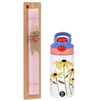 Daisies flower, Easter Set, Children's thermal stainless steel water bottle with safety straw, pink/purple (350ml) & Easter scented flat candle (30cm) (PINK)