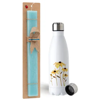 Daisies flower, Easter Set, metallic stainless steel water bottle (750ml) & aromatic flat Easter candle (30cm) (TURQUOISE)