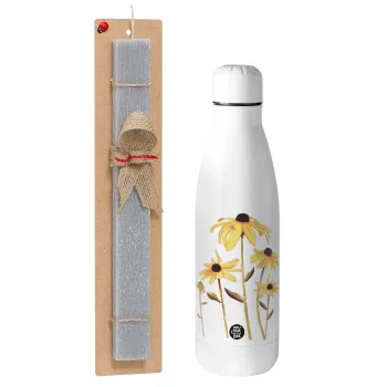 Daisies flower, Easter Set, metallic stainless thermos bottle (500ml) & scented flat Easter candle (30cm) (GRAY)