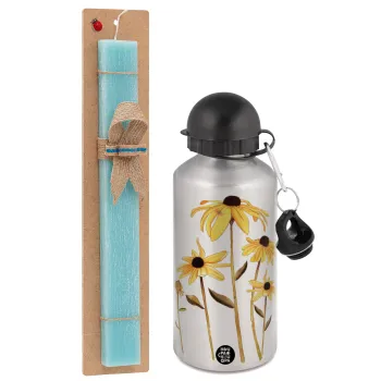 Daisies flower, Easter Set, metallic silver aluminum water bottle (500ml) & scented flat Easter candle (30cm) (TURQUOISE)